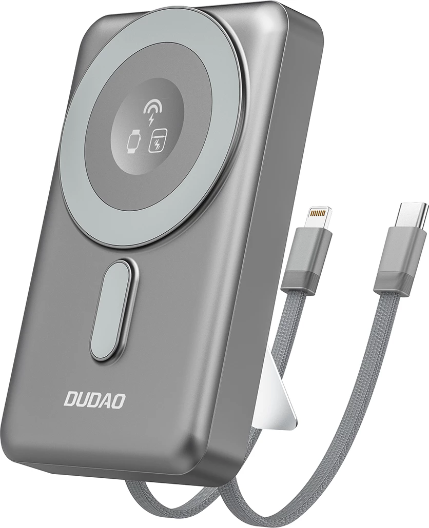 Powerbank Dudao K29, 10000mAh, MagSafe, me kabllo USB-C/Lightning të integruara, Gri