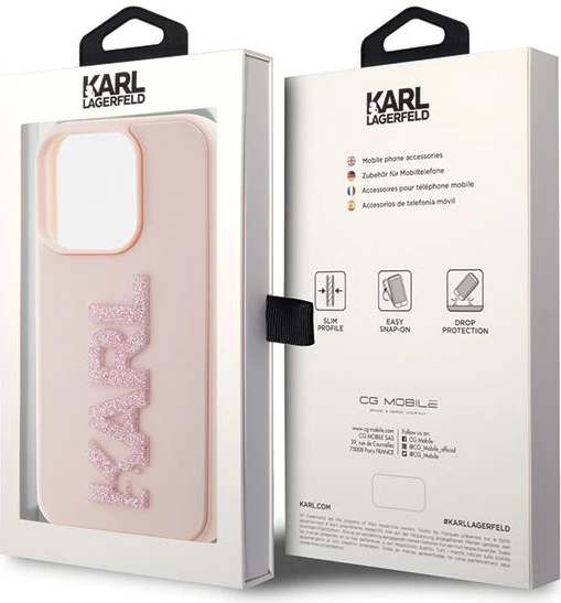 Mbështjellës Karl Lagerfeld 3D Rubber Glitter Logo për iPhone 15 Pro Max, rozë