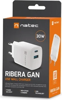 Karikues NATEC RIBERA GAN, 1X USB-A + 1X USB-C, i bardhë