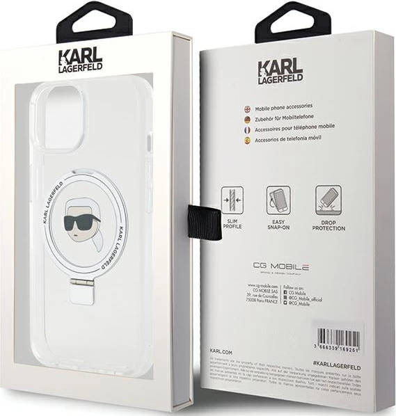 Mbështjellës Karl Lagerfeld KLHMP15SHMRSKHH për iPhone 15 6.1", hardcase me Ring Stand Karl Head MagSafe, Bardhë