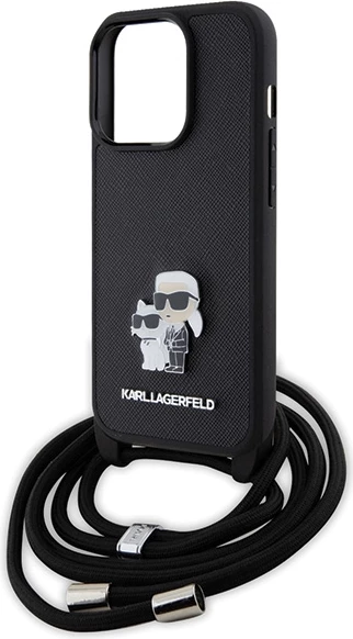 Mbështjellës Karl Lagerfeld Crossbody Saffiano Metal Pin Karl & Choupette për iPhone 15 Pro, e zezë