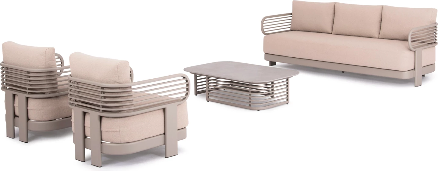 Set lounge për jashtë, 4 pjesë, AURA CD6193.04, alumin ngjyrë shampanje, pëlhurë OLEFIN, tavolinë me sipërfaqe gur