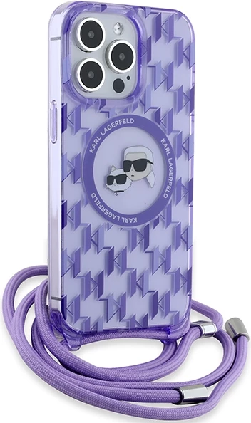 Mbështjellës Karl Lagerfeld IML Crossbody Monogram Karl & Choupette Head MagSafe për iPhone 15 Pro, vjollcë