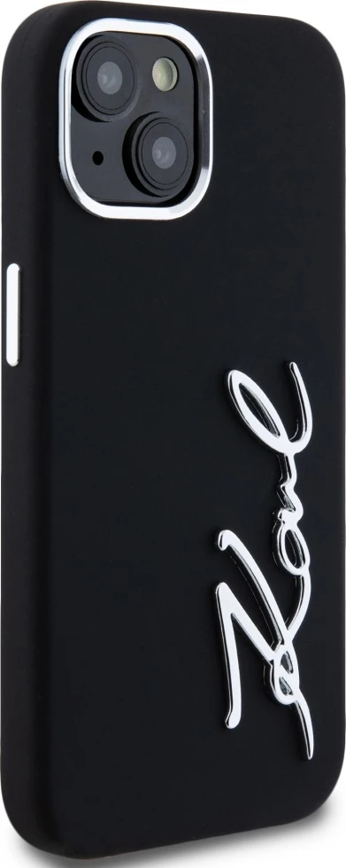 Mbështjellës Karl Lagerfeld Silicone Metal Script Logo për iPhone 15, i zi