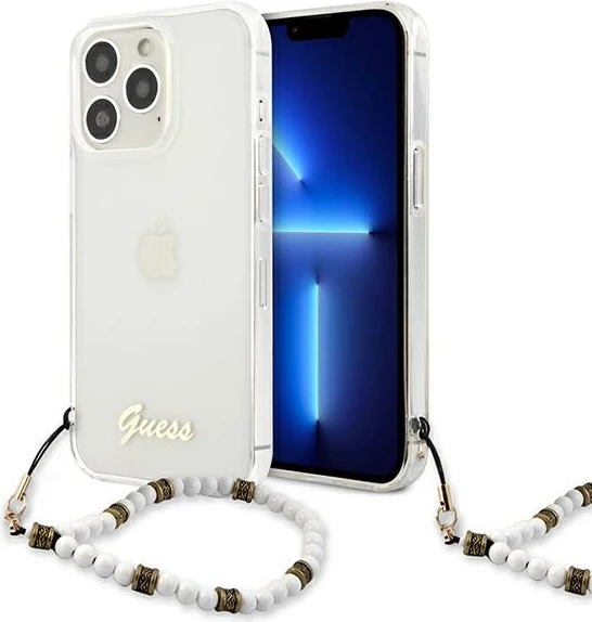 Mbështjellës Guess GUHCP13LKPSWH për iPhone 13/13 Pro 6.1", Transparent, me varëse perlë