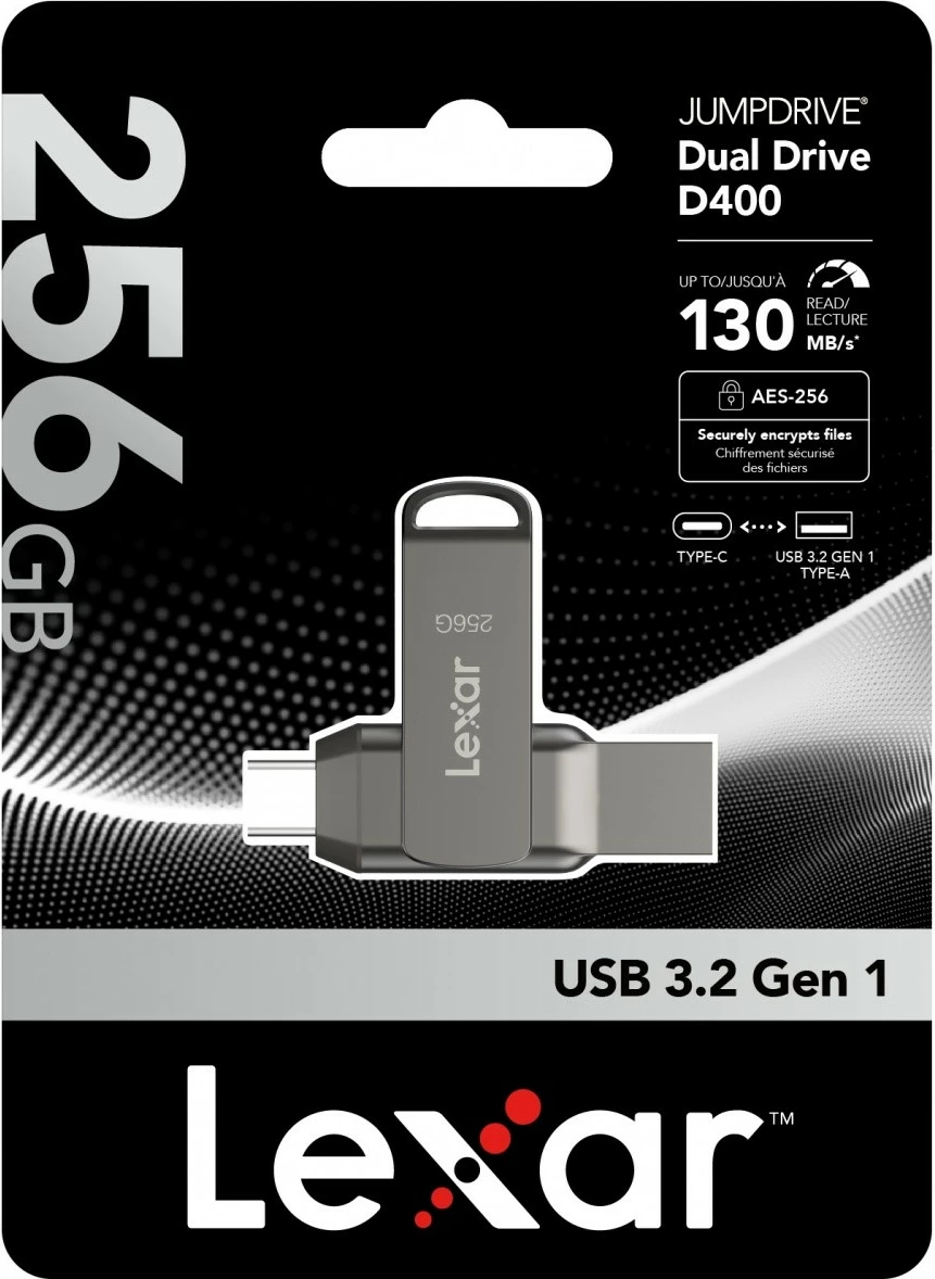 Pendrive Lexar Dual Drive D400, 256GB, USB-C/A 3.1, Gri