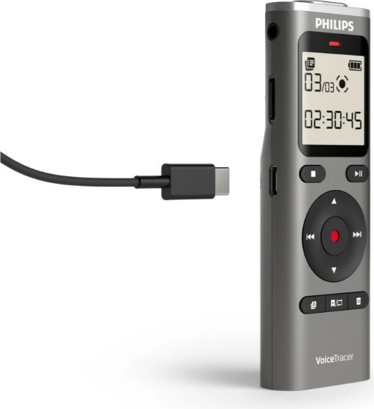 Diktafon Philips VoiceTracer DVT1170 8GB PCM/WAV microSD USB-C 70h, zi/grafit, set me 2x bateri AAA + kabllo USB-C