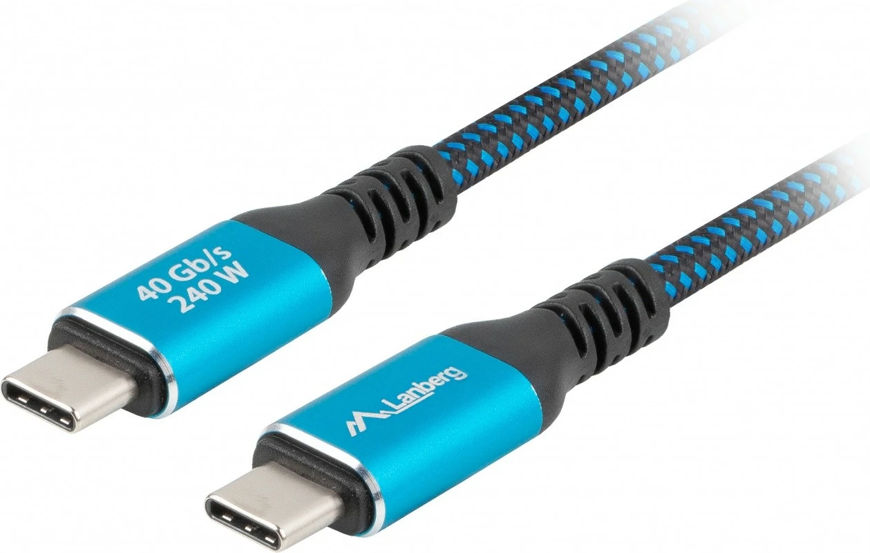 kabëll USB‑C M/M, Lanberg, CA-CMCM-44CU-0005-BK, USB4 40 Gb/s, 0.5 m, PD 240 W, 8K 60 Hz, zi-kaltër