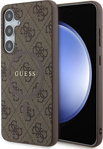 Mbështjellës Guess 4G Collection Leather Metal Logo MagSafe për Samsung Galaxy S24+, kafe