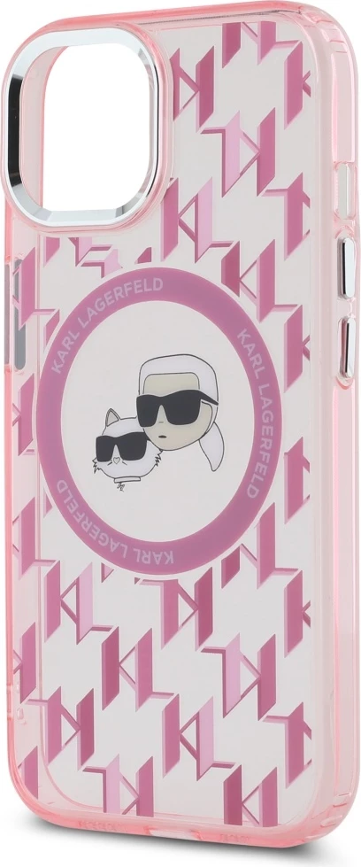 Mbështjellës Karl Lagerfeld IML Monogram Karl & Choupette Head MagSafe për iPhone 15 Plus, Rozë