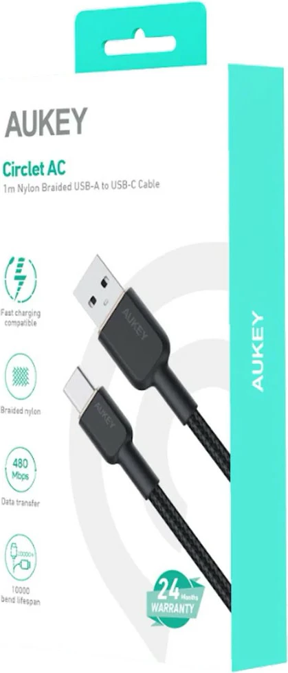 Kabllo AUKEY CB-NAC1, USB Type-A në USB Type-C, 1m, 60W, najlon, e zezë
