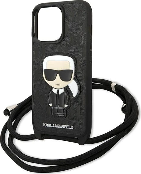 Mbështjellës Karl Lagerfeld Leather Monogram Patch and Cord për iPhone 13 Pro/13, E zezë