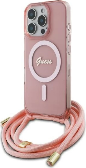Mbështjellës Guess Crossbody Cord Script MagSafe për iPhone 16 Pro Max, Rozë