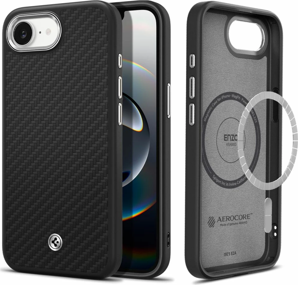 Mbështjellës, Spigen, Enzo Aramid MagSafe, për iPhone 16e, aramid me përfundim alumin, kompatibil me MagSafe, zi
