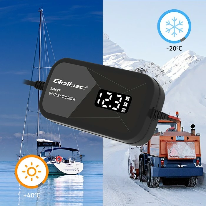 Karikues inteligjent mikroprocesorik Qoltec 52492, 12V, 2A, funksion rigjenerimi qelizash, LCD, i zi