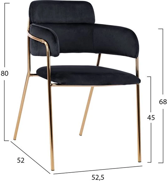 Karrige me krahë Kelso FH8521.04, kadife e zezë & këmbë ari, 52,5x52x80 cm, set prej 2 copë