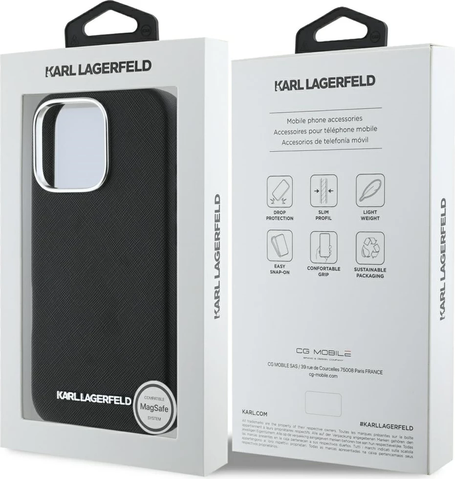 Mbështjellës Karl Lagerfeld Saffiano Full Wrapped Elongated Metal Logo MagSafe për iPhone 16 Pro Max, Zi