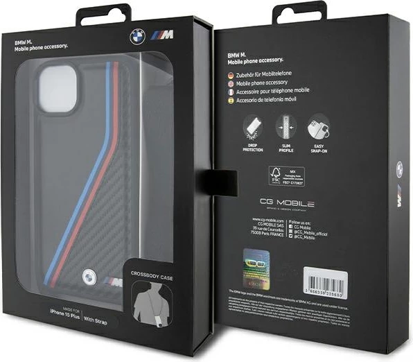 Mbështjellës BMW M Edition Carbon Tricolor Lines & Strap për iPhone 15 Plus / 14 Plus, i zi