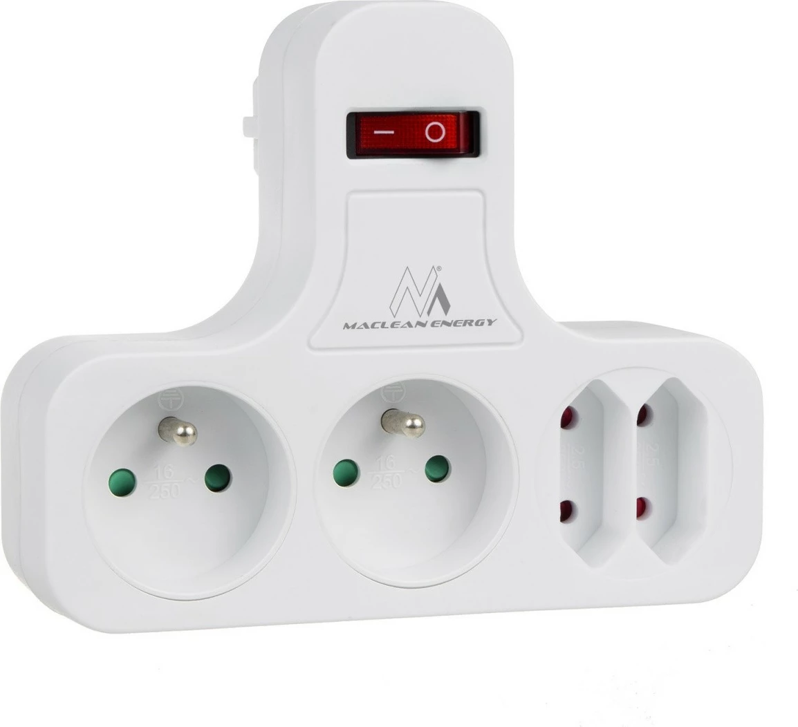 Prizë shumëfishuese murale me Switch, Maclean, MCE224E, 4 dalje (2x16A Type E + 2x2.5A Type C), pa kabllo, e bardhë