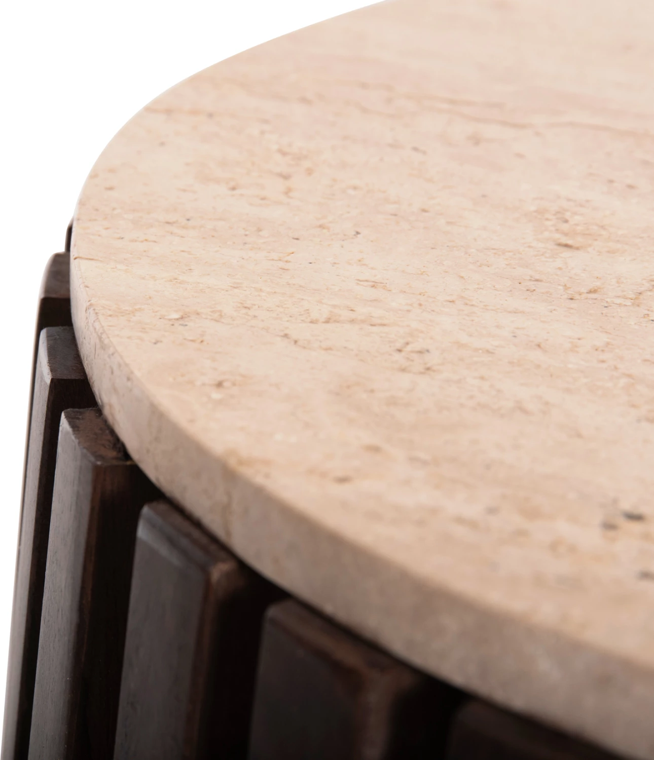 Tavolinë anësore KREST FH9711 dru akacie ngjyrë kafe e çelët-bardhë travertin Φ50x50Hcm