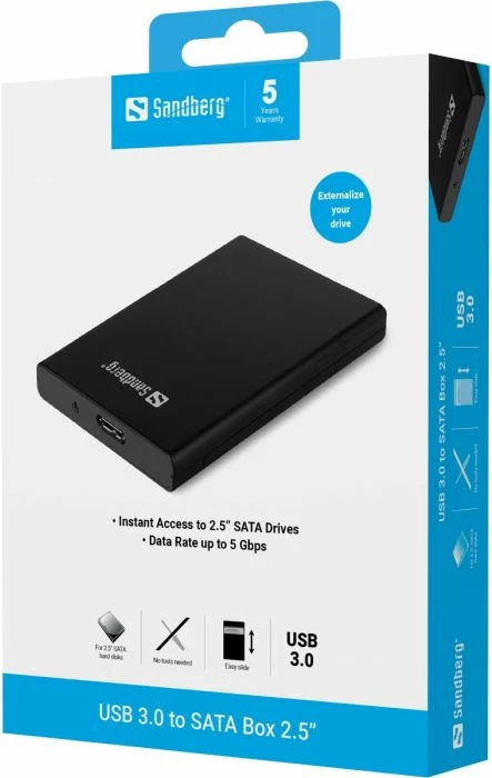 Kasë eksternale USB 3.0 në SATA SANDBERG 133-89 për HDD/SSD 2.5\", e zezë, set me kabllo 0.5 m + çantë udhëtimi