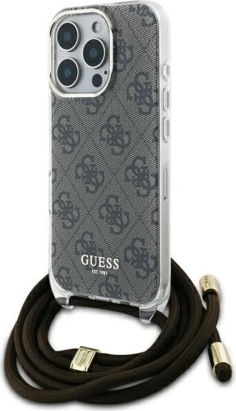 Mbështjellës Guess Crossbody Cord 4G Print për iPhone 16 Pro Max, Kafe