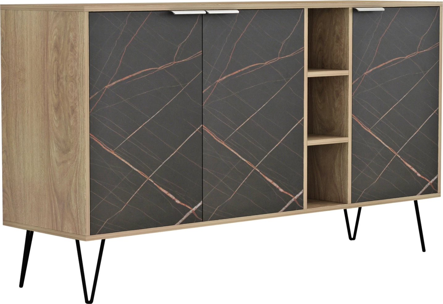 Bufe CABRON FH8874.12 melaminë në ngjyrë Sonama-mermer i zi dhe këmbë metalike të zeza 142x40x83H cm