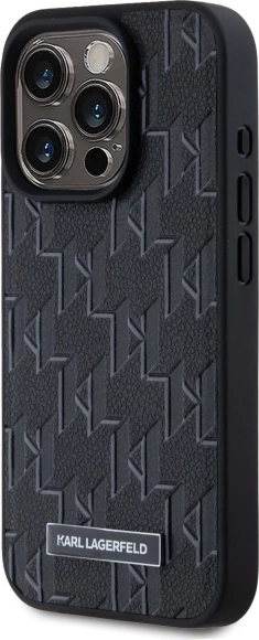 Mbështjellës Karl Lagerfeld për iPhone 15 Pro, lëkurë, MagSafe, i zi