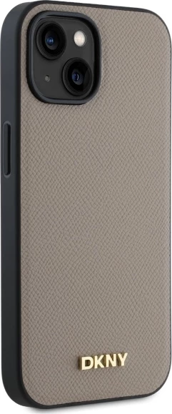 Mbështjellës DKNY Grained Metal Logo MagSafe për iPhone 15, Bezhe