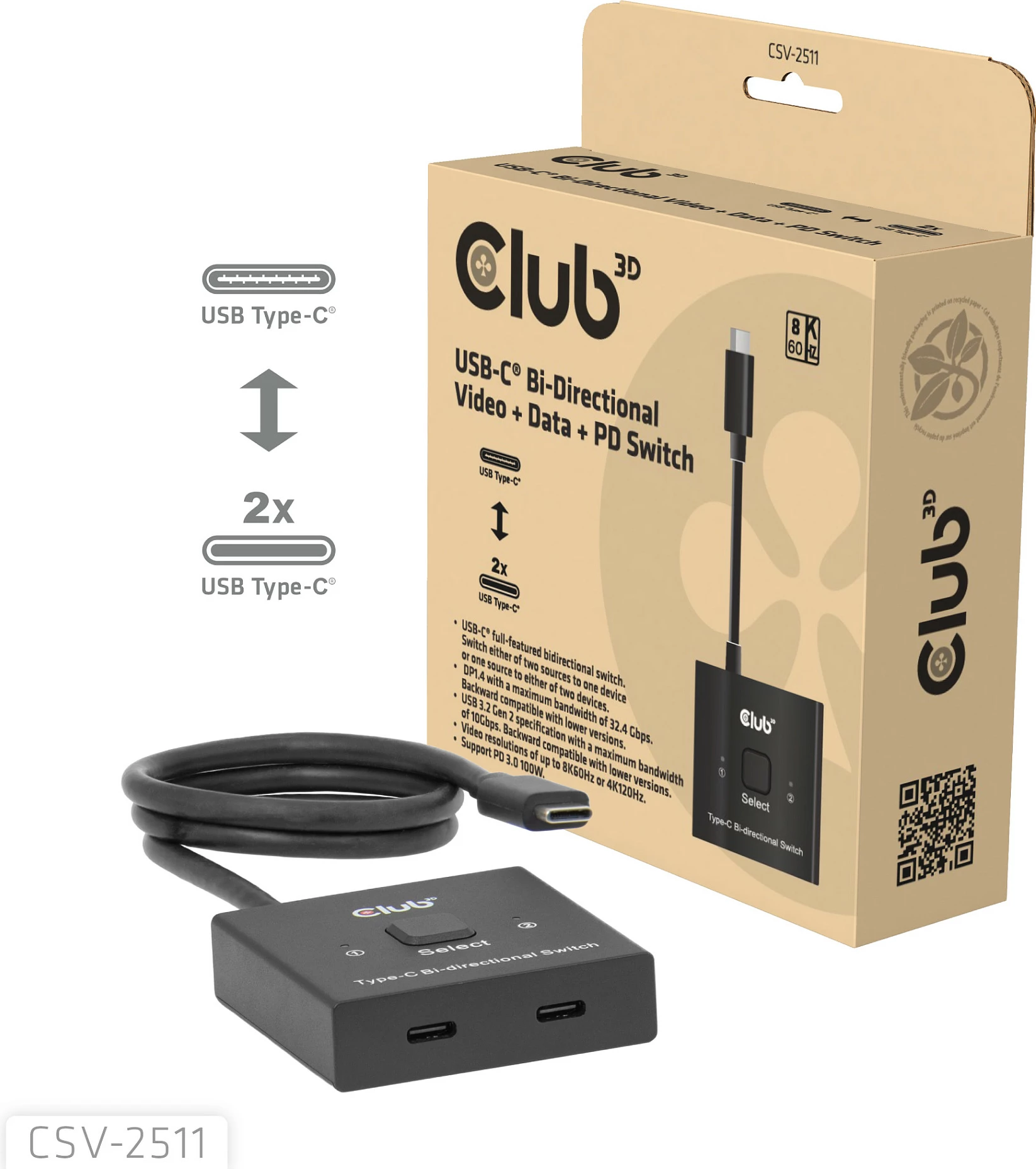 Switch USB-C Club 3D CSV-2511, video, të dhëna, Power Delivery