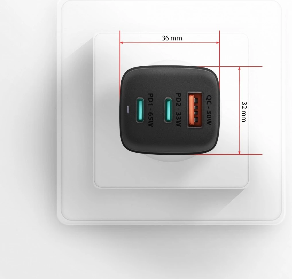 Adapter karikues AXAGON ACU-DPQ65, GaN 65W, 3 porta (USB-A + 2x USB-C), i zi