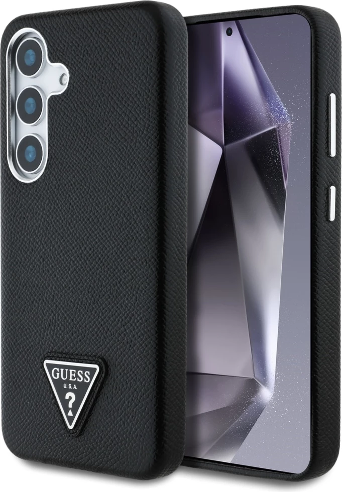 Mbështjellës Guess Grained Triangle Logo MagSafe për Samsung Galaxy S25, i zi