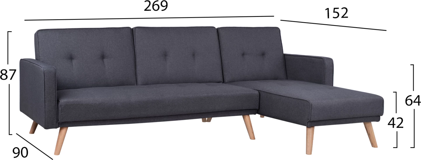 Kënd divan i kthyeshëm, krevat, material gri, Talia FH3153, 269x152x87cm