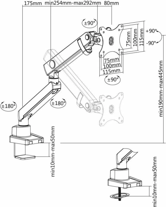 Mbajtës monitori ICYBOX IB-MS313-T për 1 ekran deri 32\" (8 kg), krah me gaz, VESA 75x75/100x100, i zi