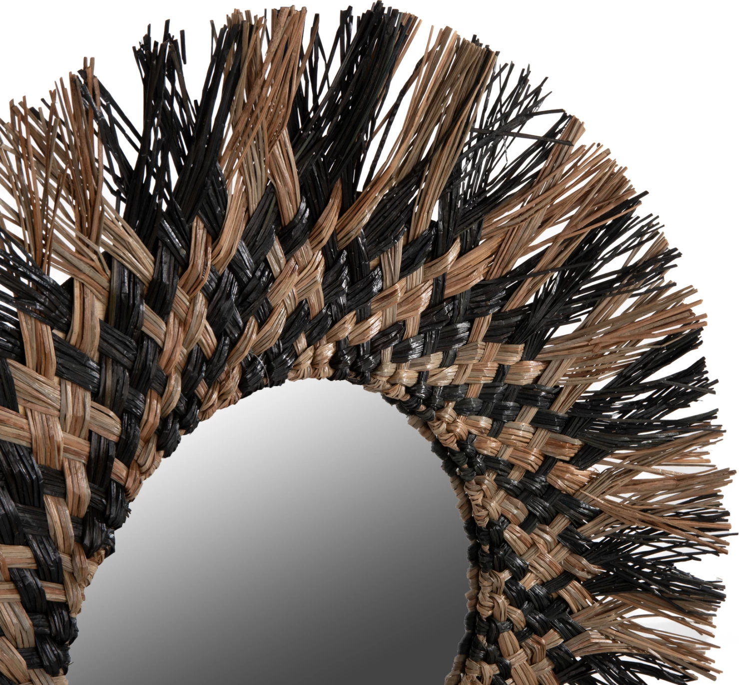 Pasqyrë muri e rrumbullakët, FH7833, kornizë e thurur nga bari Mendong, ngjyrë e zezë dhe natyrale, Φ70 cm