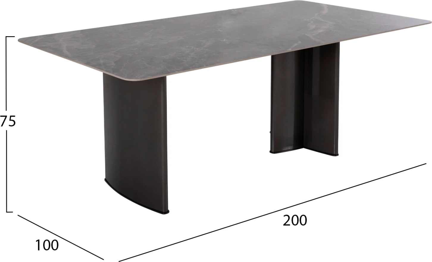 Tavolinë ngrënieje HEFF FH9766.01 sipërfaqe qeramike 12mm, ngjyrë mermeri të zi, kornizë MDF, këmbë metalike të zeza, 200x100x76H cm