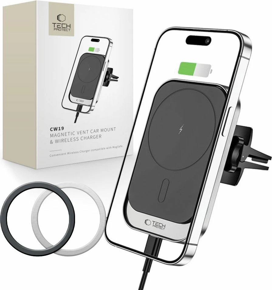 Mbajtës magnetik për veturë me karikues wireless Tech-Protect CW19, 15W, i zi