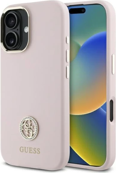 Mbështjellës Guess Silicone Logo Strass 4G për iPhone 16, Rozë e çelët