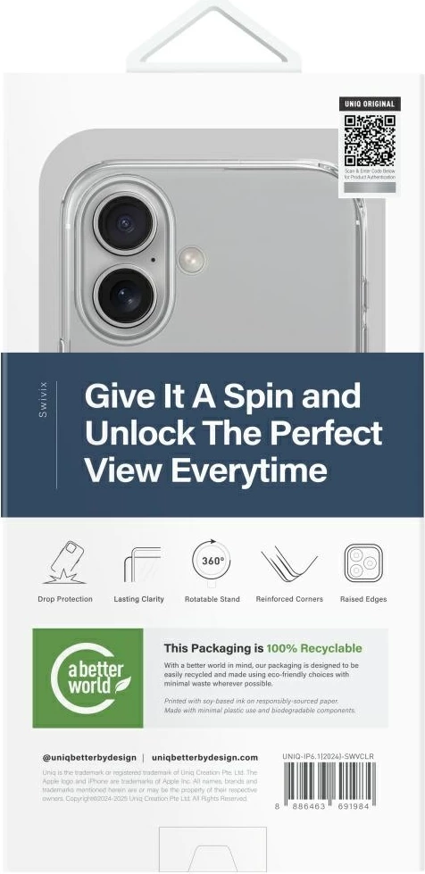 Mbështjellës UNIQ Swivix 360 me këmbalec rrotullues për iPhone 16, Transparent