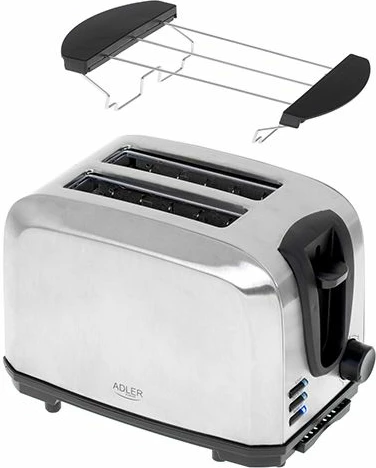 Toster Adler AD3222, 7 nivele pjekjeje, rrjetë për ngrohje simitesh, 1000W max, argjendtë