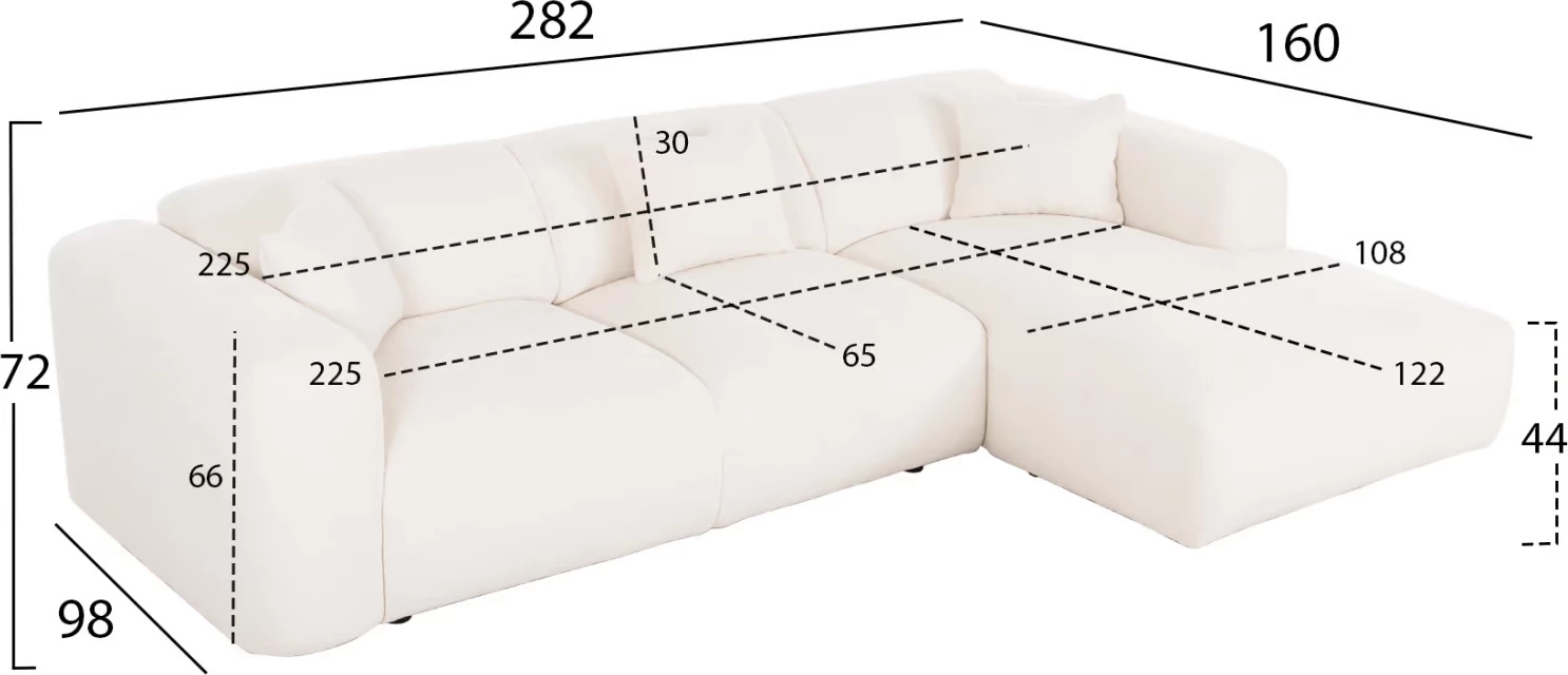 Divan këndor BRICKEN, FH3275.02R, pëlhurë e bardhë, 110-282x98-160x72H cm