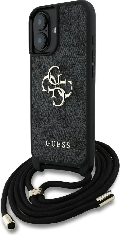 Mbështjellës Guess 4G Big Logo Cord Stap Crossbody për iPhone 16, i zi