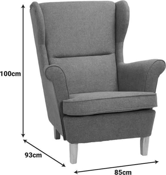 Fotel Malei, material gri, këmbë druri natyrale, 85x93x100cm