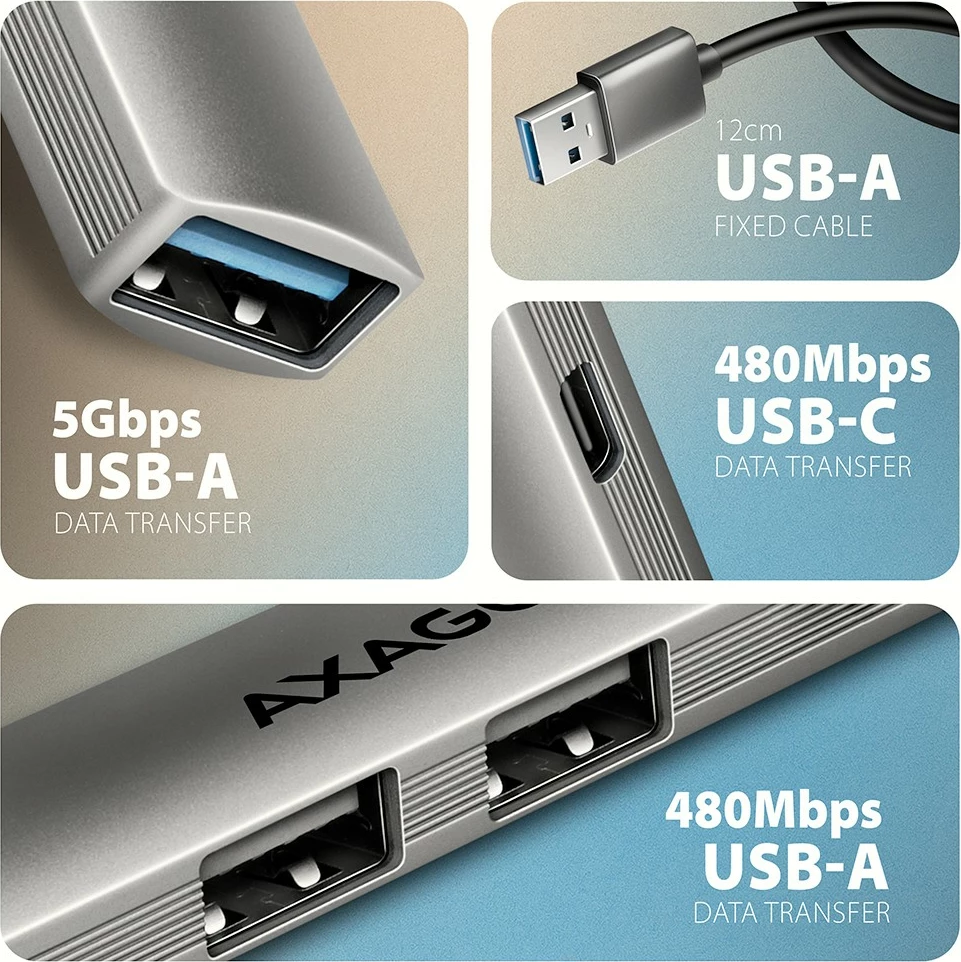 HUB USB AXAGON HUE-STA 4 porte 1x USB-A 5Gbps + 2x USB-A 2.0 + 1x USB-C 2.0, kabllo USB-A 12 cm, gri