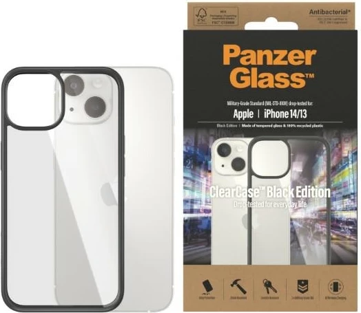 Mbështjellës PanzerGlass ClearCase për iPhone 14/15/13, transparent dhe zi