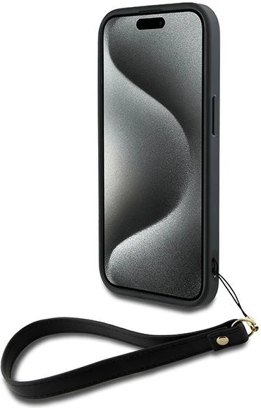 Mbështjellës DKNY Wrist Strap Stock Logo për iPhone 15 Plus, i zi