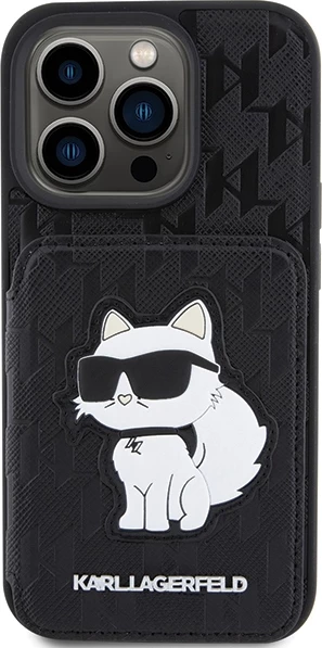 Mbështjellës Karl Lagerfeld Saffiano Cardslots & Stand Monogram Choupette për iPhone 15 Pro, e zezë