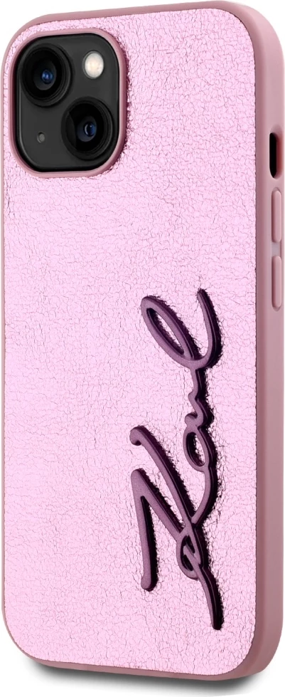 Mbështjellës Karl Lagerfeld Wrinkled Metal Signature për iPhone 15, Rozë