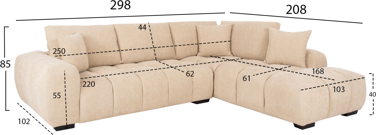 Këndore e djathtë COVEN FH3266.01R, pëlhurë ecru, 298x102-208x85H cm