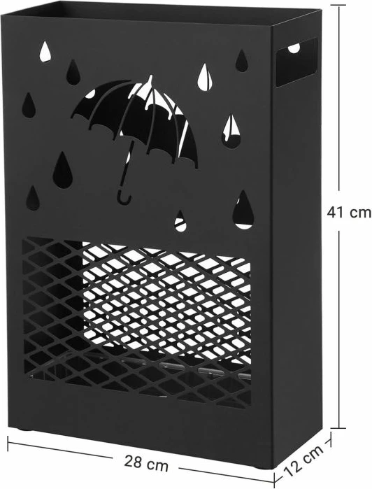 Mbajtëse ombrelle metalike SONGMICS LUC004B01, drejtkëndore 28×12×41 cm, me tabakë pikuese të heqshme, 4 grepa, e zezë